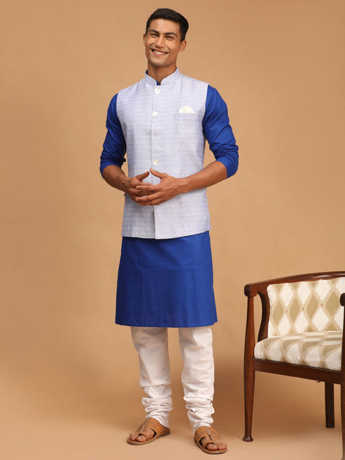 Vastramay Men's Lavender Jacquard Nehru Jacket with Kurta Pyjama Set